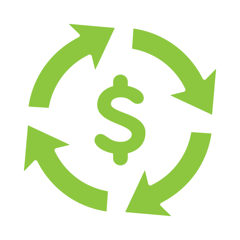 green icon of a dollar sign with arrows surrounding it in a circle
