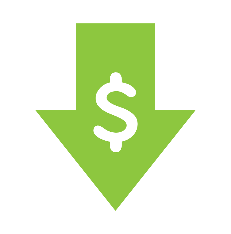 green icon of a down arrow with dollar sign on it