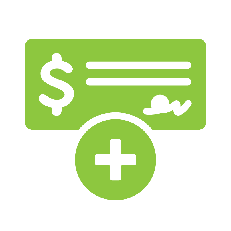 green icon of a bank check with a circle with a plus sign below it