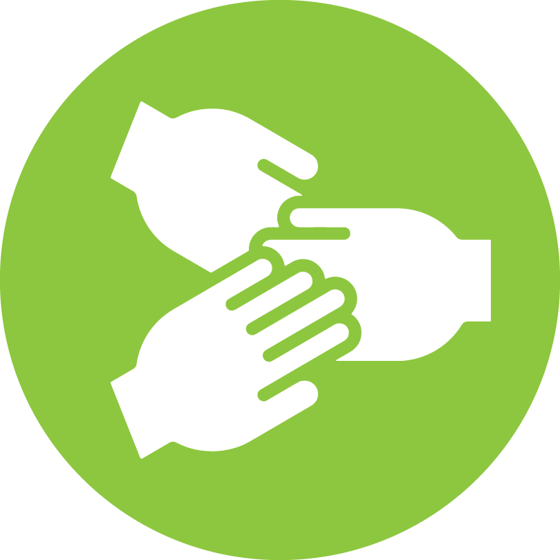 green circle with white icon of three hands overlapping together