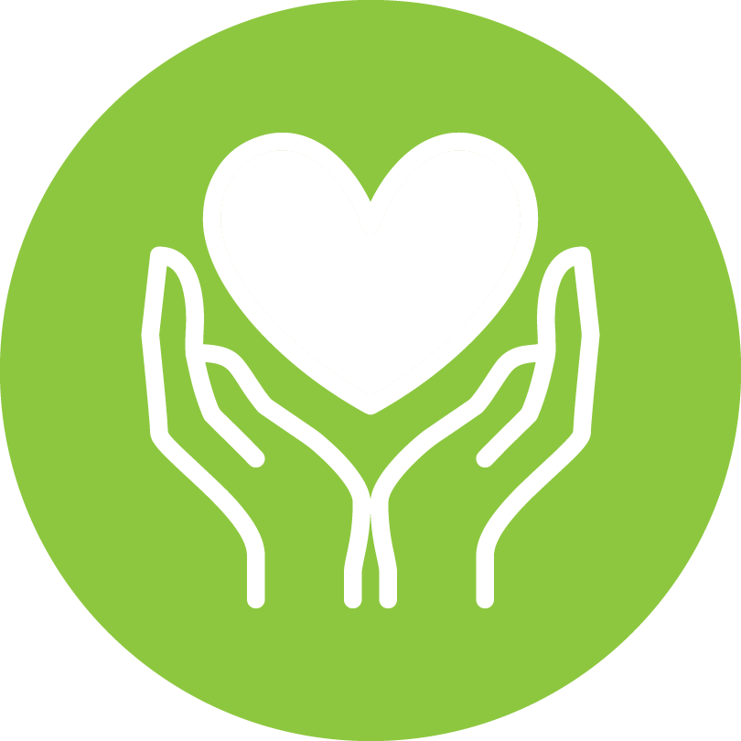green circle with white icon of hands holding a heart