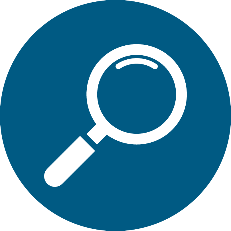 blue circle with white icon of magnifying glass