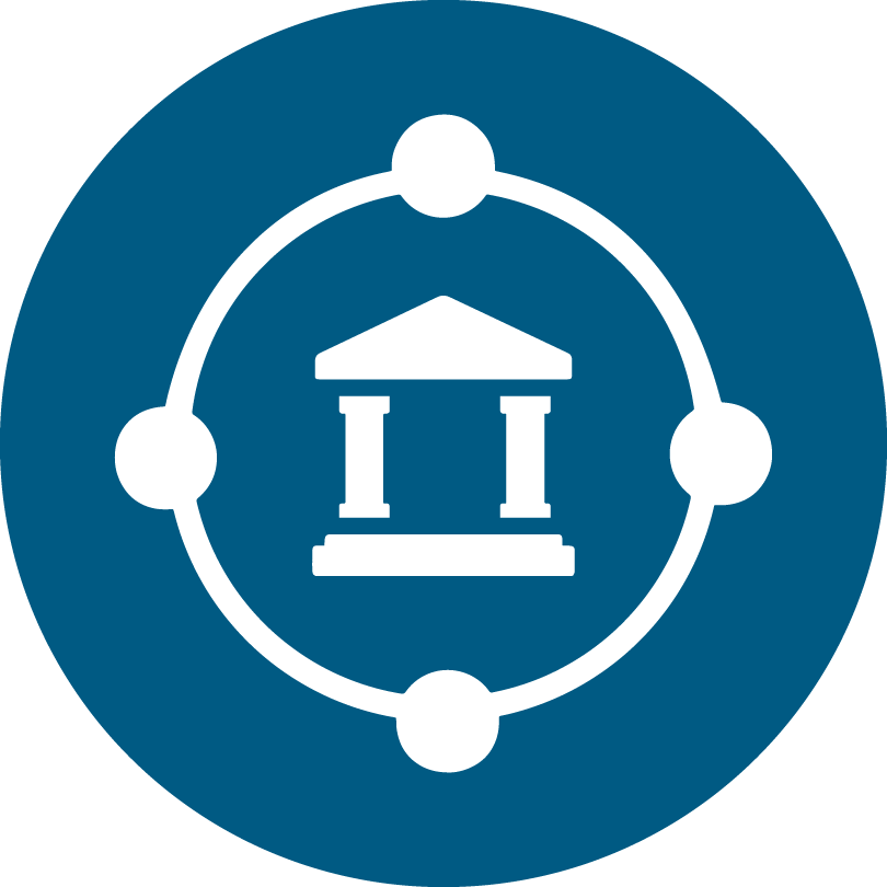 blue circle with white icon of financial institution building surrounded by a network of nodes