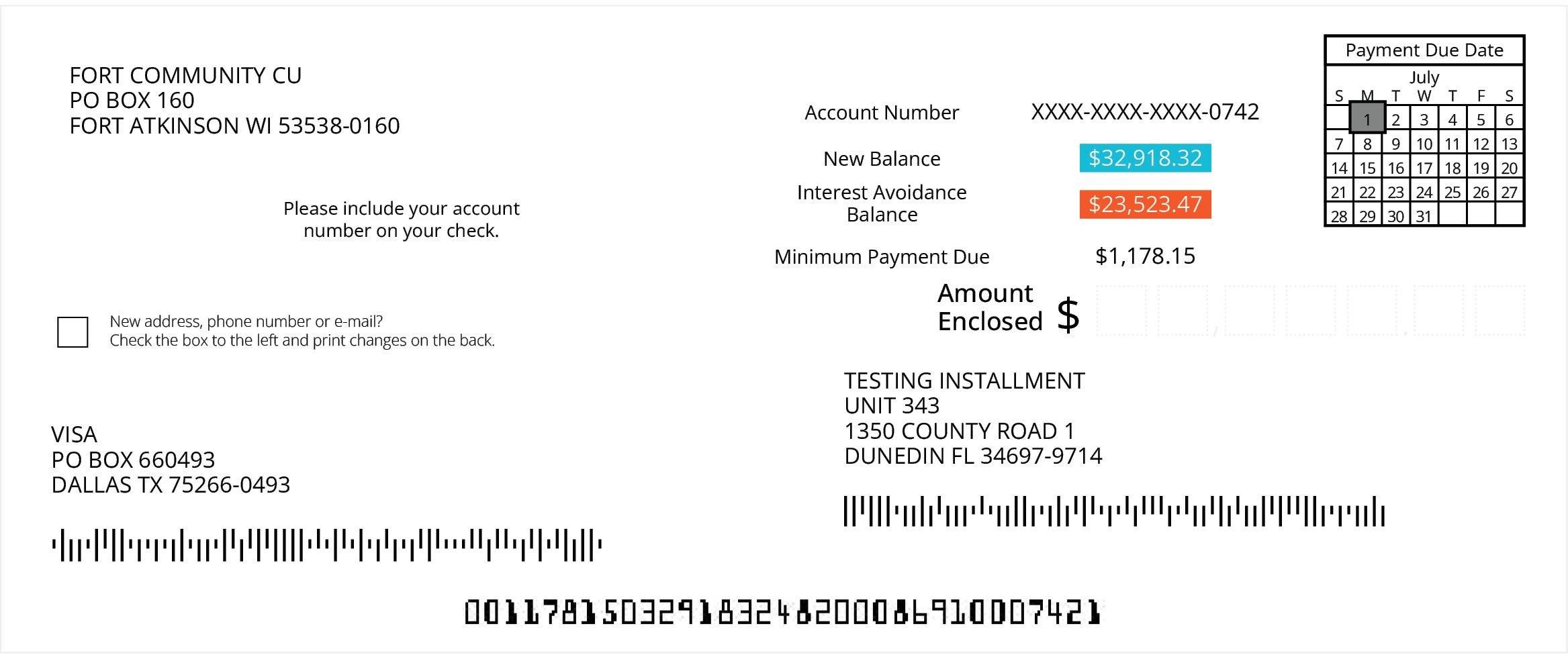 [Figure 4] A snapshot of a credit card statement with highlighted items to show 1 of 3 numbers that make up the interest avoidance balance described above (new balance).