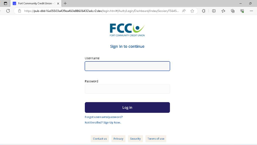 Screenshot of a fake FCCU online banking login page